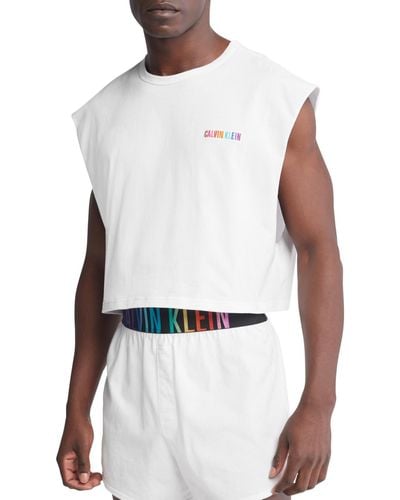 Calvin Klein Intense Power Pride Cropped Logo Embroidered Cotton Muscle Tank - White