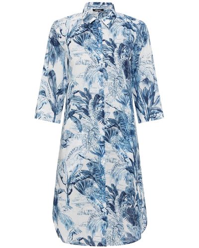 Olsen 100% Cotton 3/4 Sleeve Tropic Leaf Print Dress - Blue