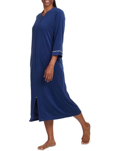 Miss Elaine Solid-color Long-sleeve Zip Robe - Blue