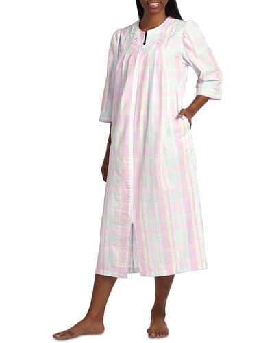 Miss Elaine 3/4-sleeve Plaid Zip-front Robe - Pink