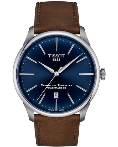 Tissot Swiss Automatic Chemin Des Tourelles Powermatic 80 Brown Leather Strap Watch 42mm - Blue