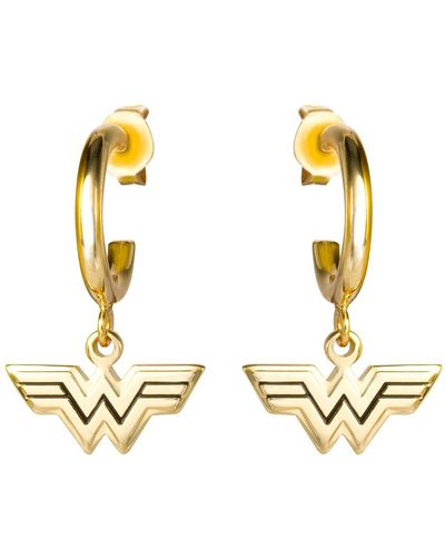 Dc Comics Wonder Woman Logo Gold Plated Charm Hoop Dangle Earrings - Metallic