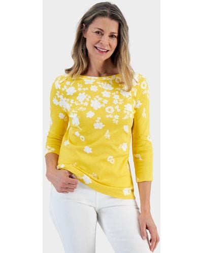 Style & Co. Printed Pima Cotton Boat-neck 3/4-sleeve Top - Yellow