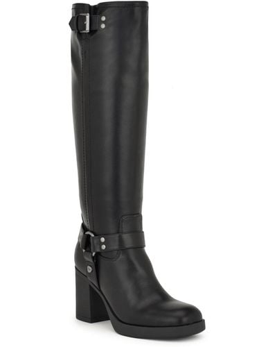 Nine West Caba Block Heel Square Toe Knee-high Moto Boots - Black