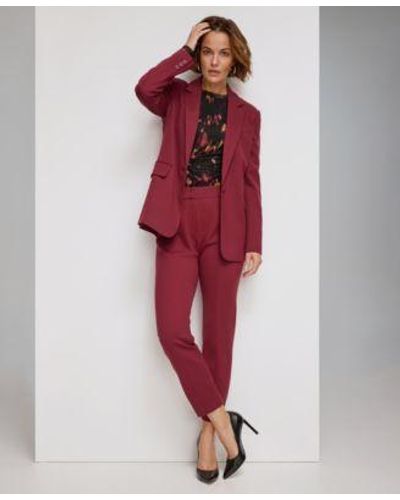 DKNY Notched Collar One Button Jacket Printed Mesh Side Knot Top Low Rise Skinny Ankle Pants - Red