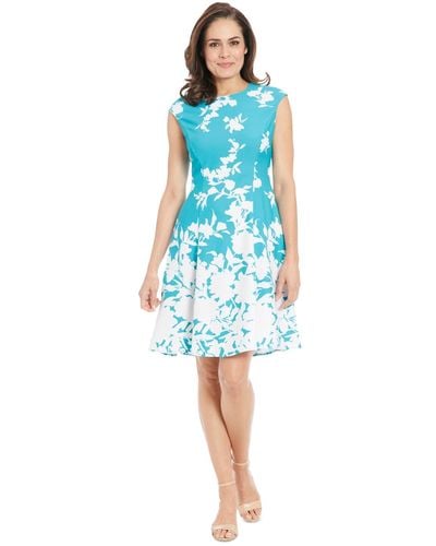 London Times Printed Cap-sleeve Fit & Flare Dress - Blue