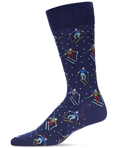 Memoi Skiers Paradise Novelty Crew Socks - Blue