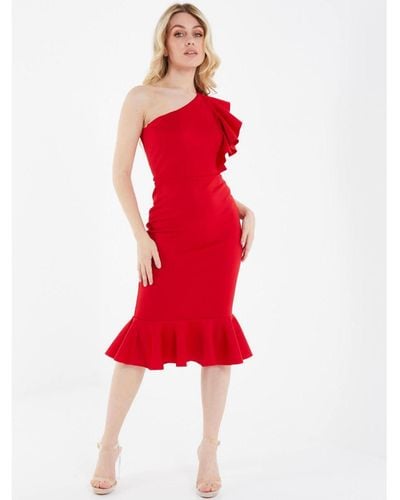 Quiz Scuba Frill One Shoulder Dress - Red