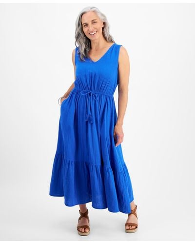 Style & Co. Petite Cotton Sleeveless Midi Dress - Blue