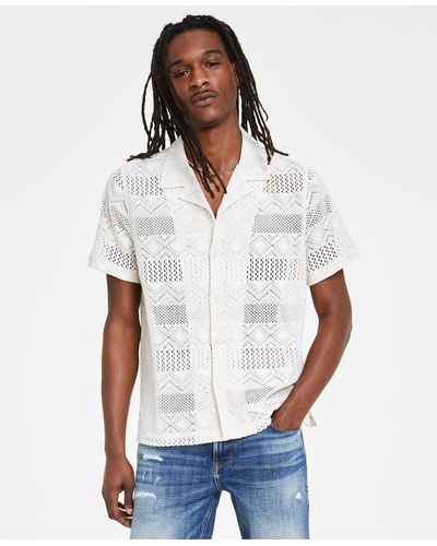 Guess Short-sleeve Geometric Crochet-knit Shirt - White