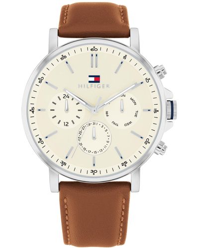 Tommy Hilfiger Multifunction Brown Leather Watch 44mm - Natural