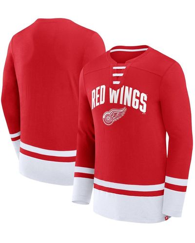 Fanatics Detroit Wings Back Pass Lace-up Long Sleeve T-shirt - Red