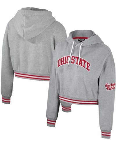 The Wild Collective Distressed Ohio State Buckeyes Cropped Shimmer Pullover Hoodie - Gray