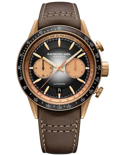 Raymond Weil Swiss Automatic Chronograph Freelancer Brown Leather Strap Watch 44mm - Metallic