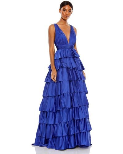 Mac Duggal Ruffle Tiered Pleated Sleeveless V Neck Gown - Blue