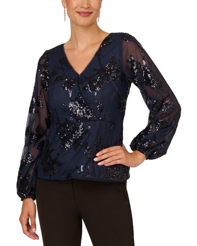 Adrianna Papell Floral Sequined V-neck Top - Blue