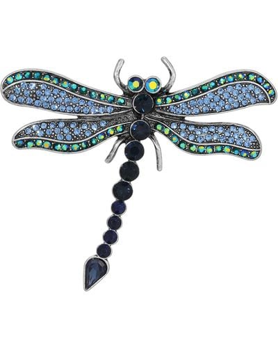 2028 Silver-tone Ab Glass Stone Dragonfly Pin - Blue
