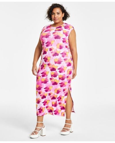 BarIII Trendy Plus Size Printed Crewneck Sleeveless T-shirt Dress - Pink