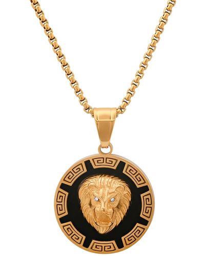 Steeltime Two-tone Stainless Steel Simulated Diamond Lion Head Greek Accent 24" Pendant Necklace - Metallic