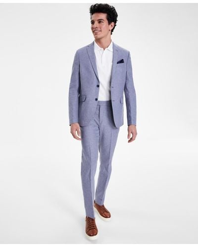 Kenneth Cole Slim-fit Stretch Linen Solid Suit - Blue