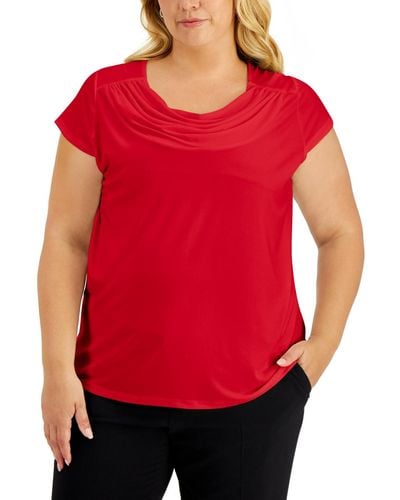 Kasper Plus Size Stretch Knit Short-sleeve Cowl-neck Top - Red