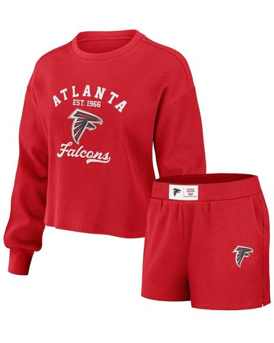 WEAR by Erin Andrews Distressed Atlanta Falcons Waffle Knit Long Sleeve T-shirt And Shorts Lounge Set - Red