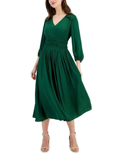 Tahari Ruched V Neck 3/4-sleeve Midi Dress - Green
