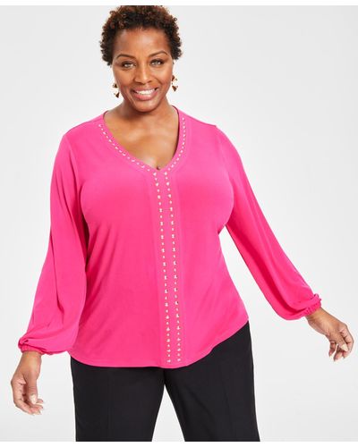 INC International Concepts Plus Size Studded V-neck Blouson-sleeve Top - Pink