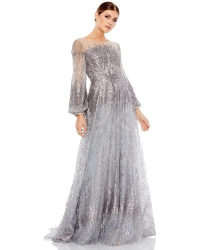 Mac Duggal Jewel Encrusted Illusion Long Sleeve A Line Gown - Gray