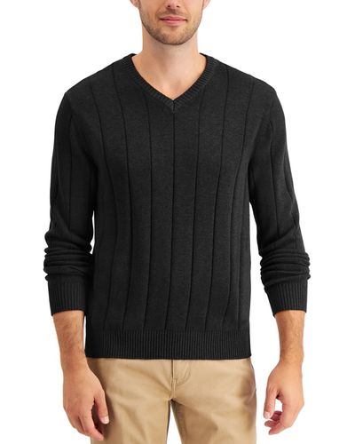 Club Room Drop-needle V-neck Cotton Sweater - Black
