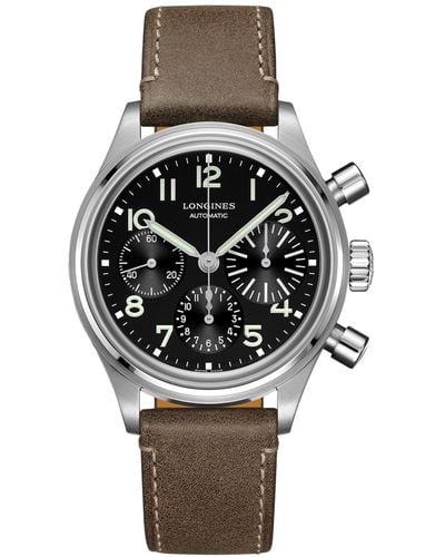 Longines Swiss Automatic Chronograph Avigation Bigeye Brown Leather Strap Watch 41mm - Gray