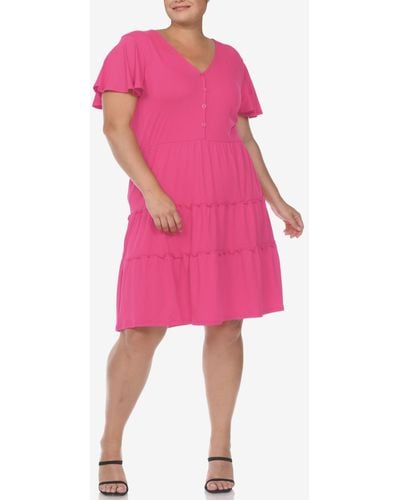 White Mark Plus Size Short Sleeve V-neck Tiered Midi Dress - Pink