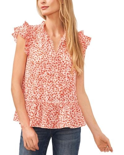 Cece Printed Ruffle Trimmed Tie-neck Blouse - Red