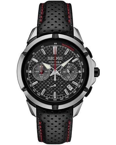 Seiko Chronograph Coutura Perforated Leather Strap Watch 42mm - Black