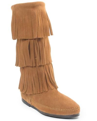 Minnetonka Suede 3-layer Fringe Boots - Brown