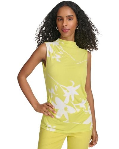 Calvin Klein High-neck Floral-print Sleeveless Top - Yellow