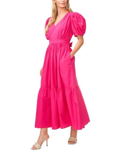 Cece V-neck Puff-sleeve Tie-waist Maxi Dress - Pink