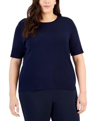 Tahari Plus Size Crewneck Short Sleeve Top - Blue