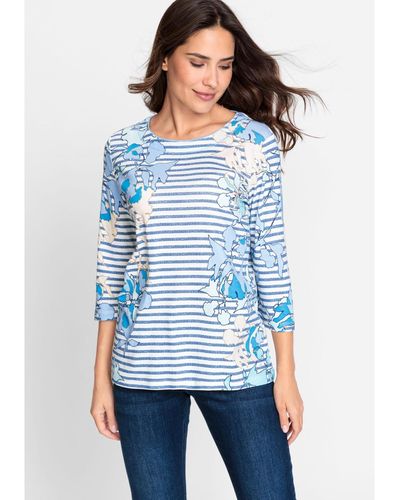 Olsen 100% Cotton 3/4 Sleeve Multi-print T-shirt - Blue