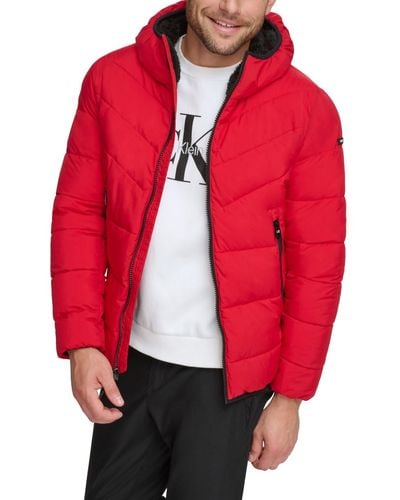 Calvin Klein Chevron Stretch Jacket With Sherpa Lined Hood - Red