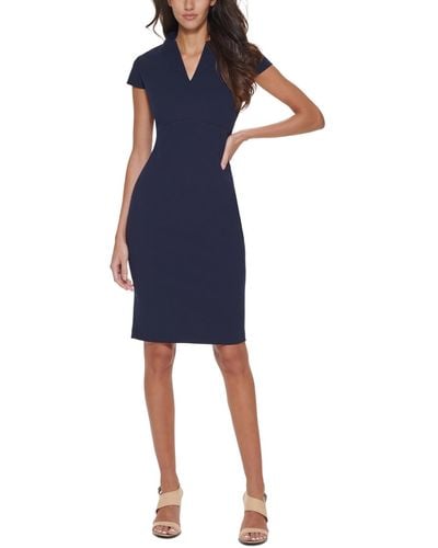 Calvin Klein Cap-sleeve Split-neck Sheath Dress - Blue