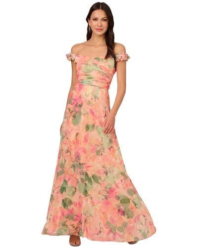 Adrianna Papell Printed Off-the-shoulder Chiffon Gown - Pink