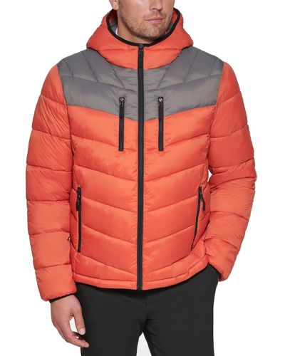 Club Room Chevron Quilted Hooded Puffer Jacket - Red