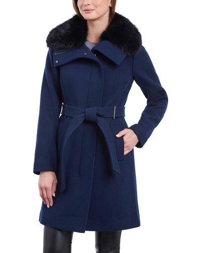 Michael Kors Belted Faux-fur-collar Coat - Blue