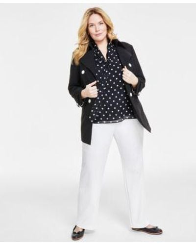 Anne Klein Plus Size Dot Print Tie Neck Shirred Blouse High Rise Pull On Bootcut Pants Double Breasted Trench Jacket - White