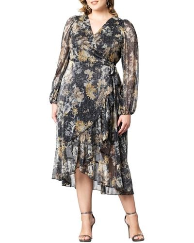 Kiyonna Plus Size Clara Sparkling Long Sleeve Wrap Dress - Multicolor