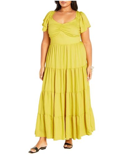 City Chic Plus Size Ariella Flutter Sleeves Tier Maxi Dress - Yellow