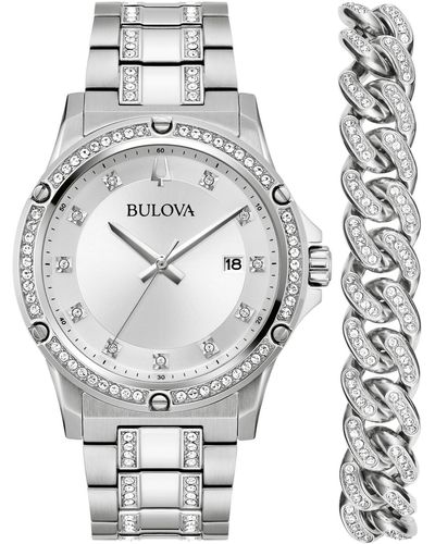 Bulova Crystal Stainless Steel Bracelet Watch 42mm Gift Set - Gray