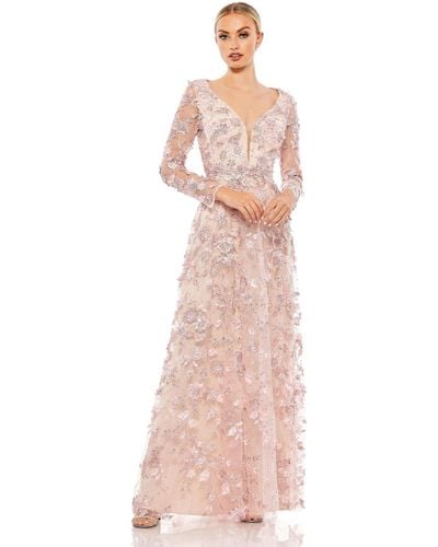 Mac Duggal Floral Applique Long Sleeve Illusion Gown - Pink