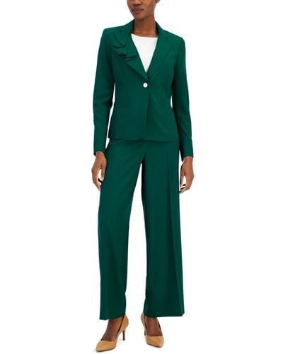 Nipon Boutique Asymmetrical Ruffled One-button Jacket & Wide-leg Pant Suit - Green